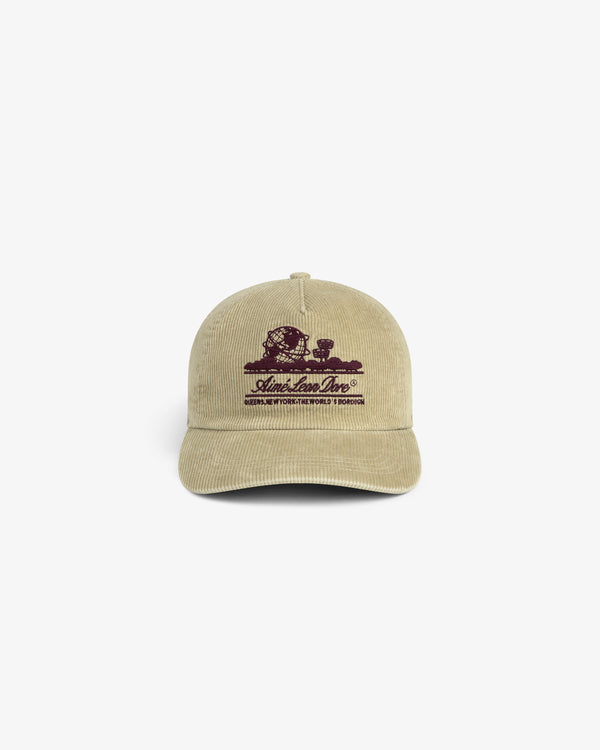 Tan Corduroy Unisphere Hat with a dark purple embroidered globe and text logo on the front.