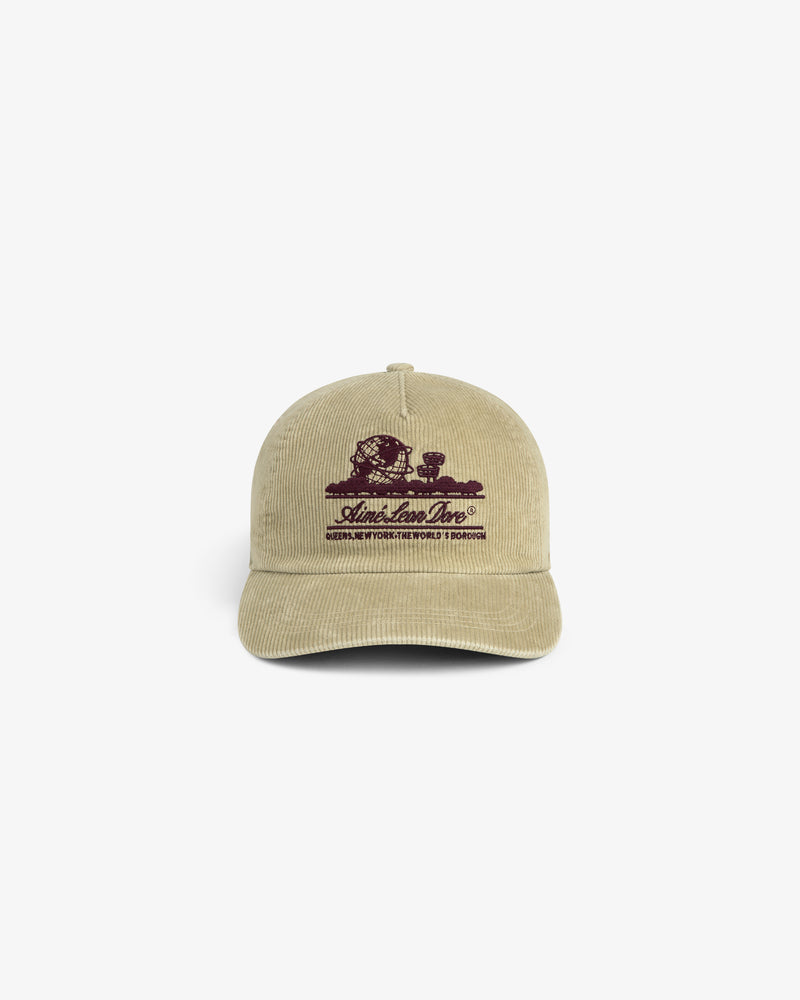 Tan Corduroy Unisphere Hat with a dark purple embroidered globe and text logo on the front.