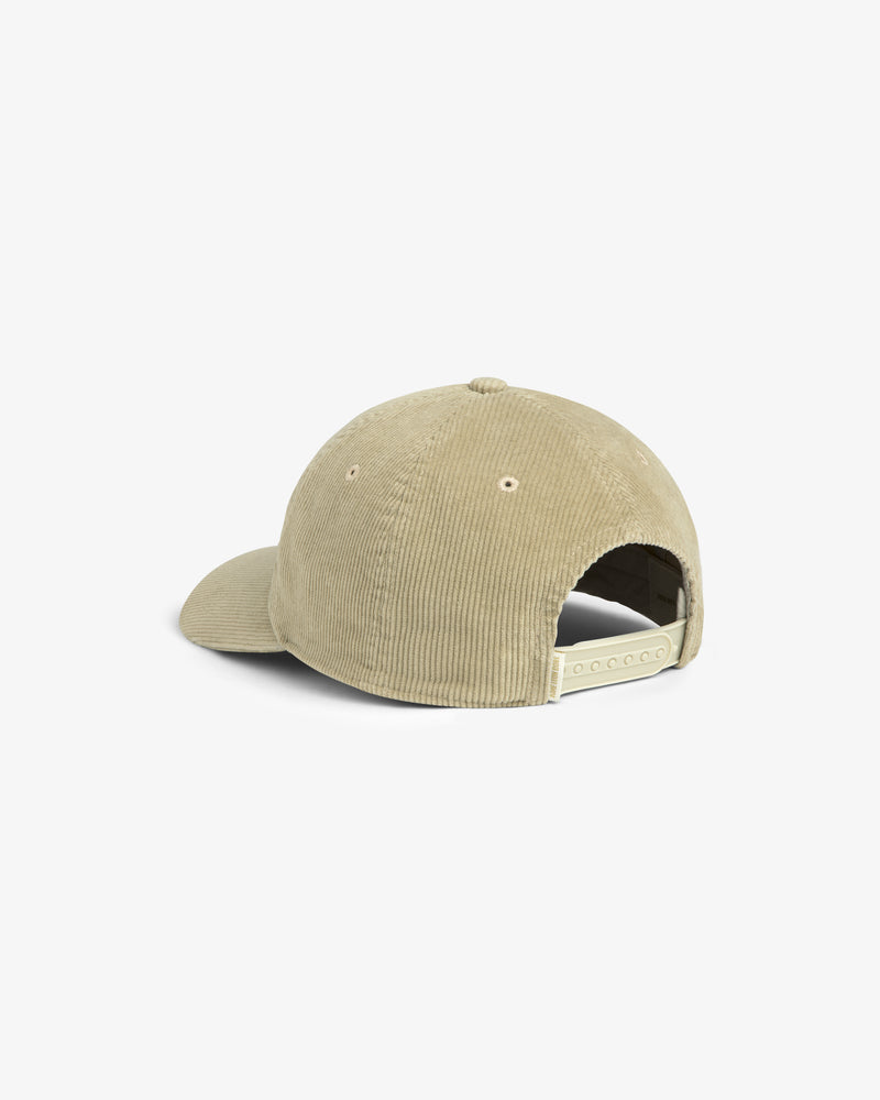 Beige Corduroy Unisphere Hat with an adjustable plastic snapback closure.