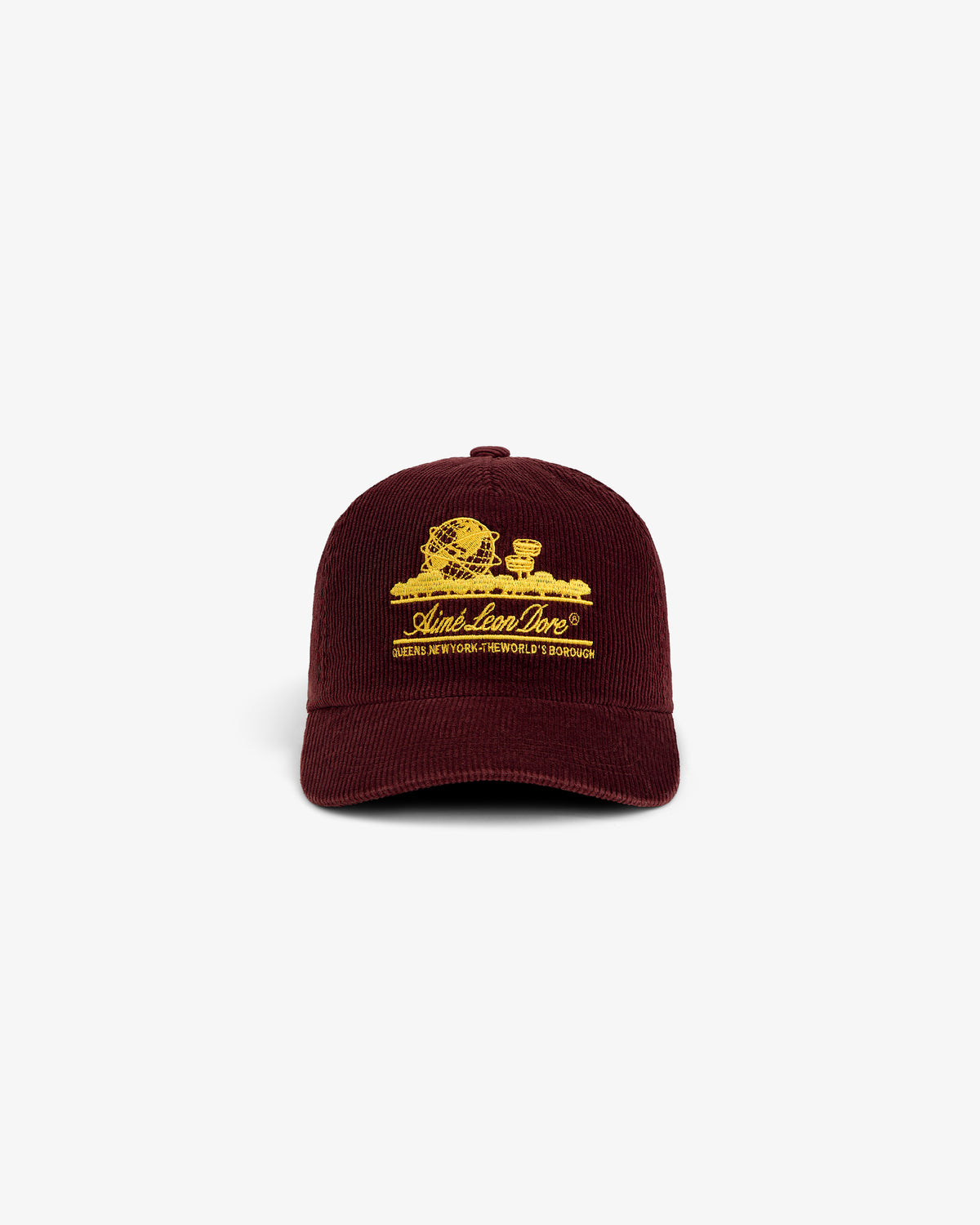 Maroon corduroy Corduroy Unisphere Hat with yellow embroidery of the Unisphere and text on the front.