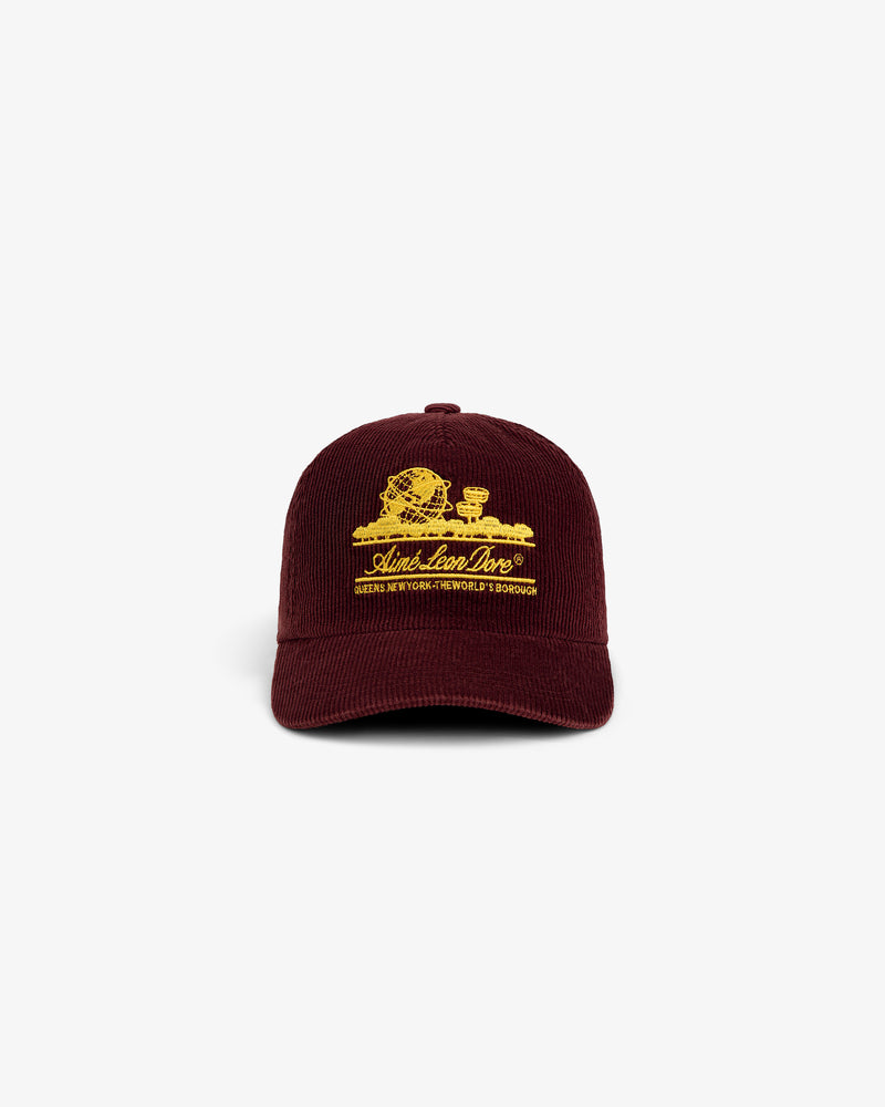 Maroon corduroy Corduroy Unisphere Hat with yellow embroidery of the Unisphere and text on the front.