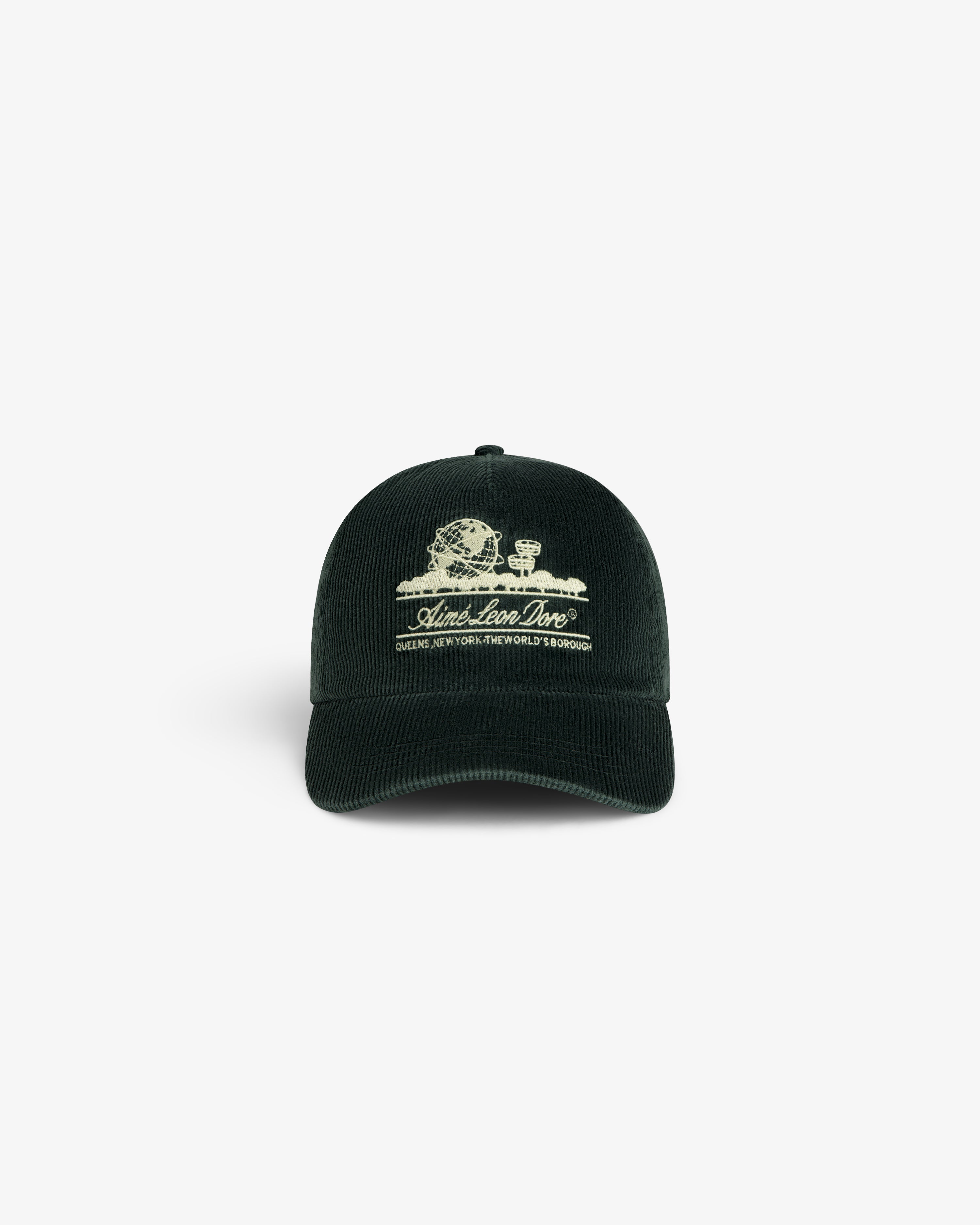 Dark green Corduroy Unisphere Hat with an embroidered globe and text on the front.