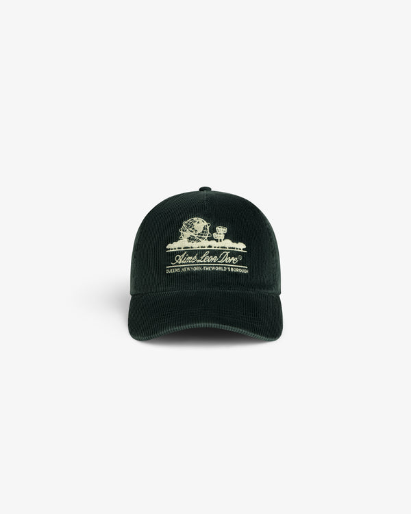 Dark green Corduroy Unisphere Hat with an embroidered globe and text on the front.