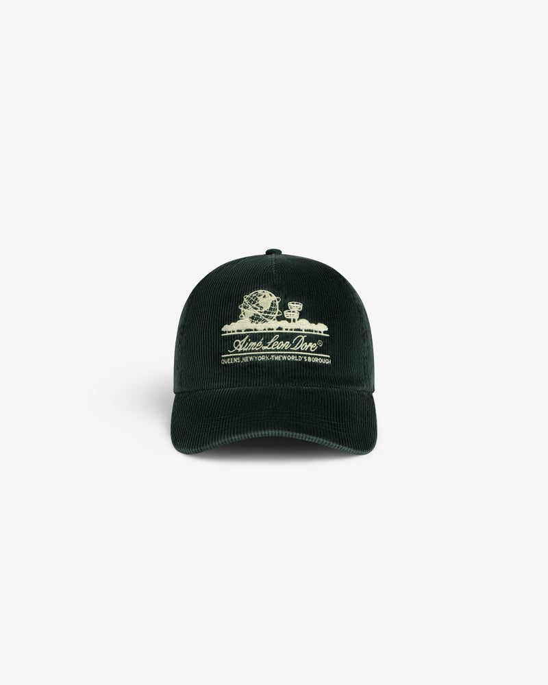 Dark green Corduroy Unisphere Hat with an embroidered globe and text on the front.