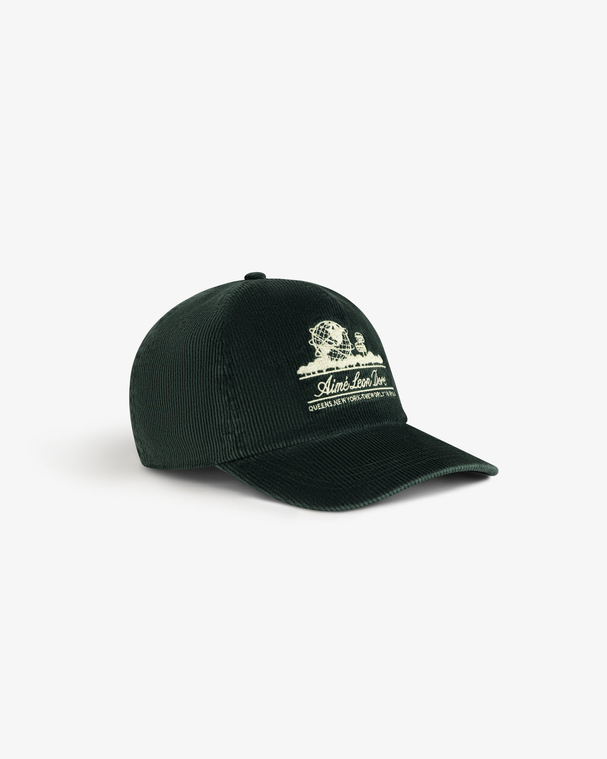 Dark green Corduroy Unisphere Hat with an embroidered globe logo and text on the front.