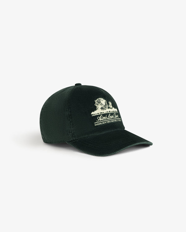 Dark green Corduroy Unisphere Hat with an embroidered globe logo and text on the front.