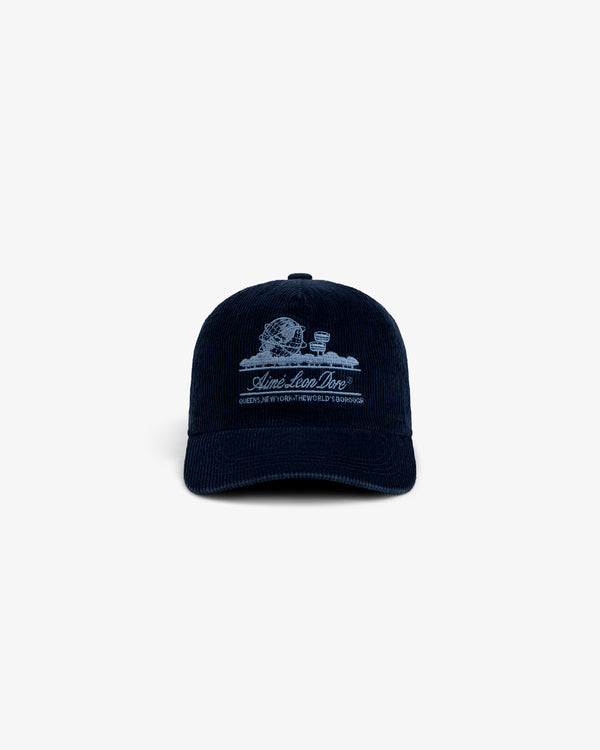 Navy Corduroy Unisphere Hat featuring an embroidered globe and logo.