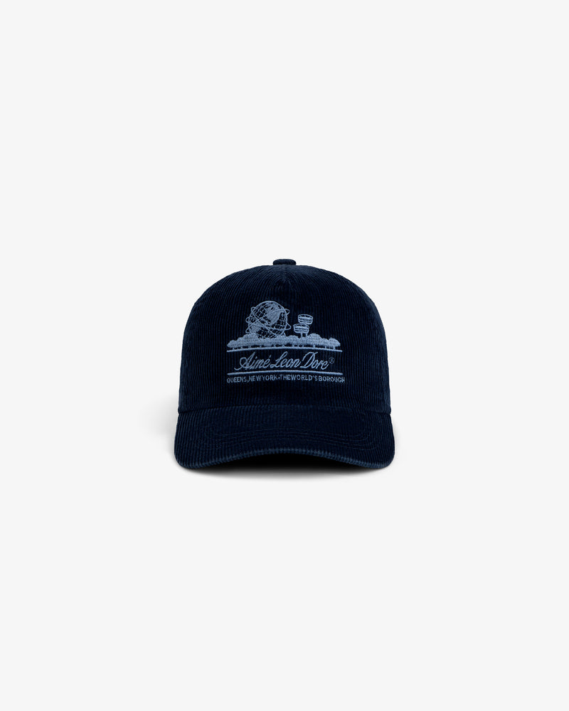 Navy Corduroy Unisphere Hat featuring an embroidered globe and logo.