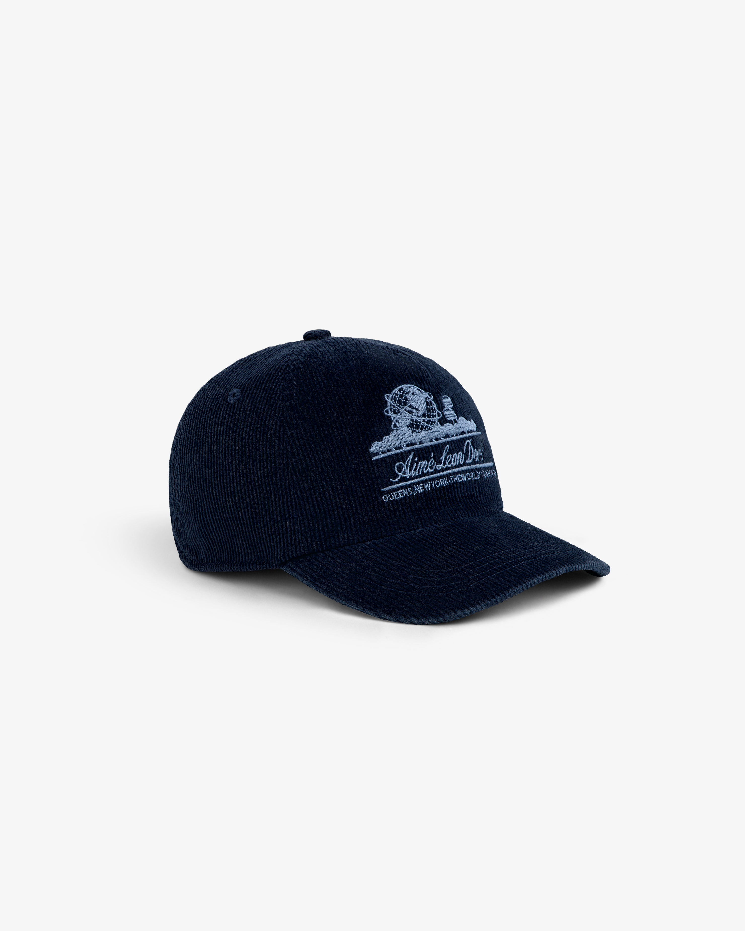Navy blue Corduroy Unisphere Hat with an embroidered globe logo and text on the front.