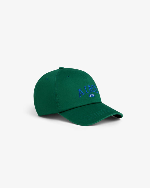 Aimé Souvenir Hat: green cap with blue AIME NYC embroidery, shown on a simple white background.