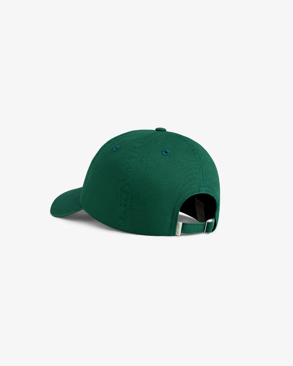 Aimé Souvenir Hat in green, back view with adjustable strap and metal clasp.