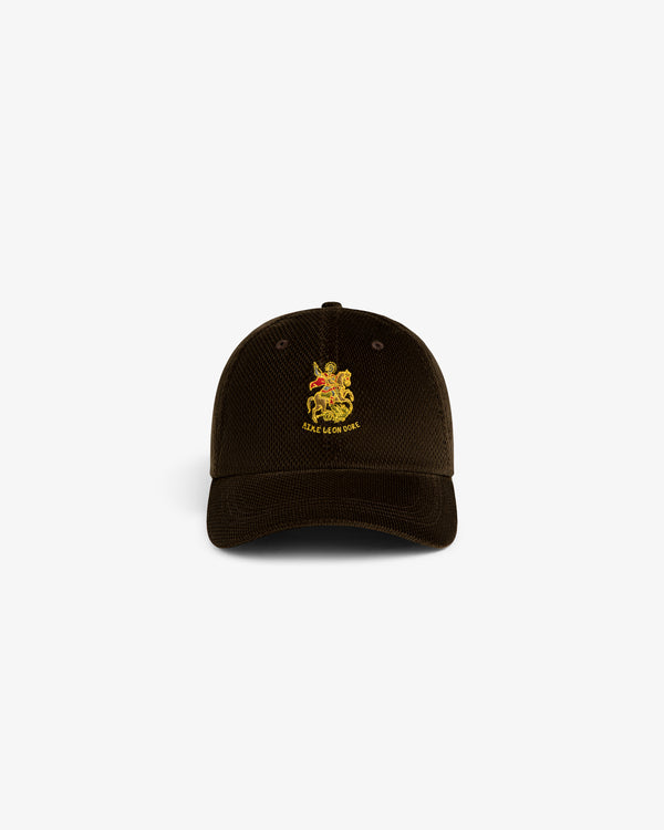 Saint George Corduroy Hat in brown with gold crest and “SLICE OF THE DAY” embroidered on the front.