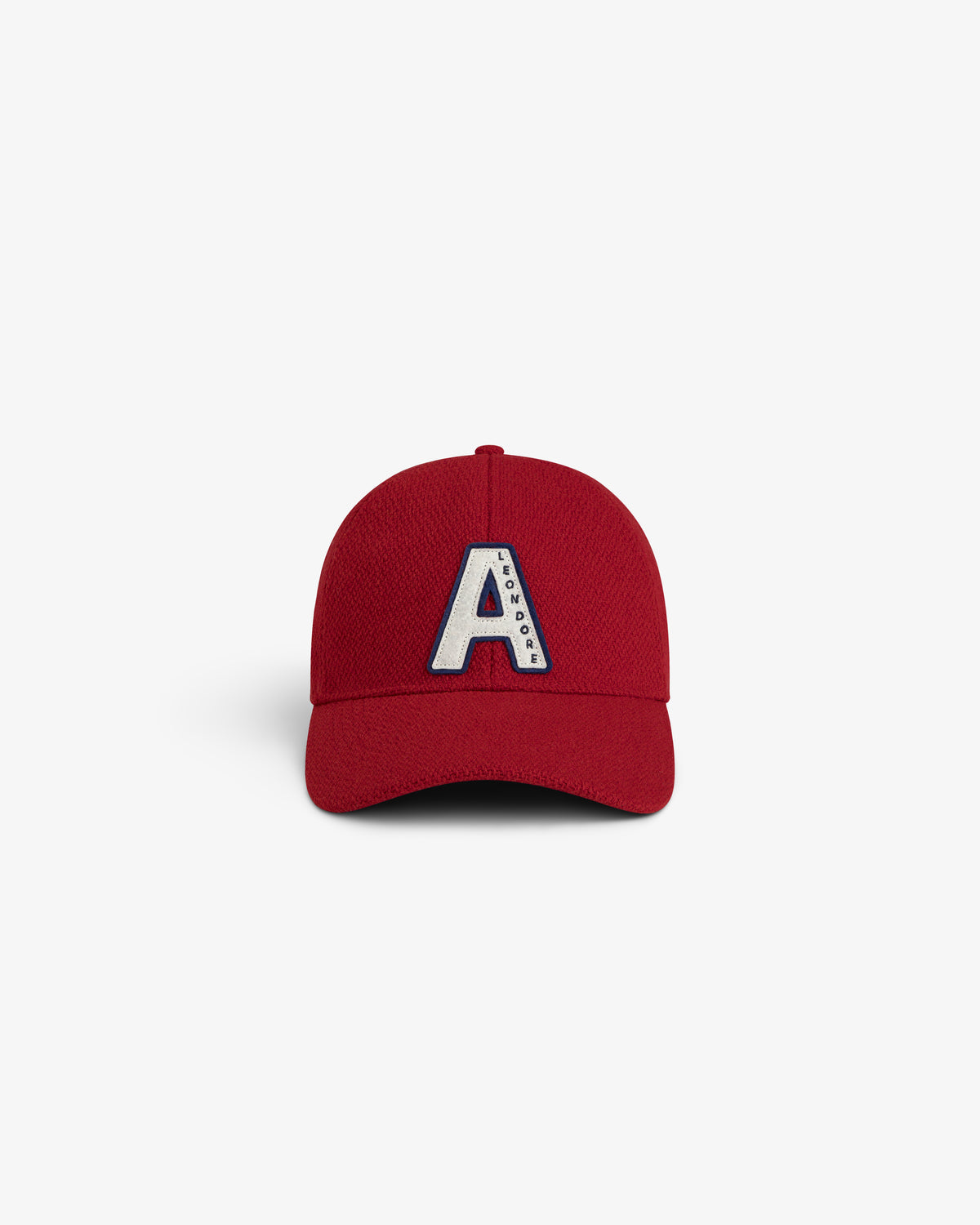 Wool Varsity Logo Hat: a red baseball cap with a white A patch featuring small blue lettering.