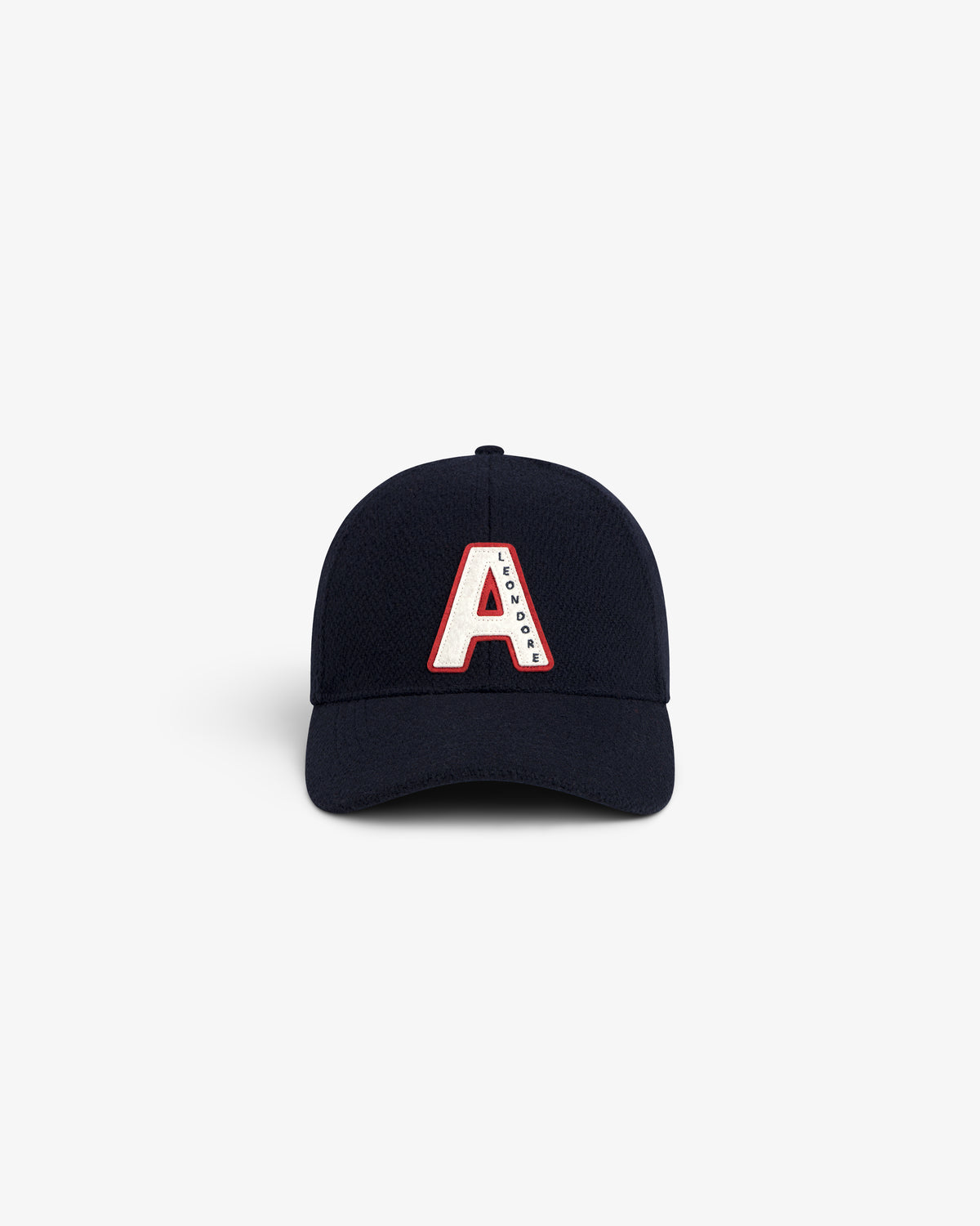 Wool Varsity Logo Hat: a navy blue baseball cap with a white and red letter A patch on the front.