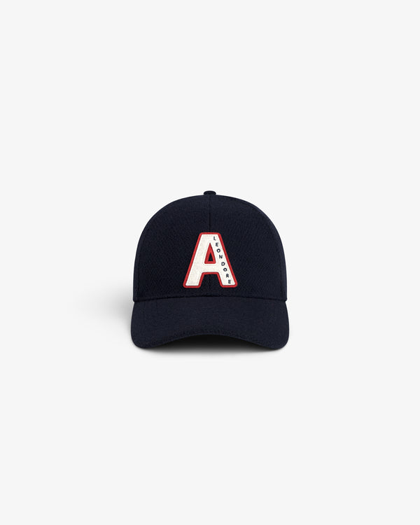 Wool Varsity Logo Hat: a navy blue baseball cap with a white and red letter A patch on the front.