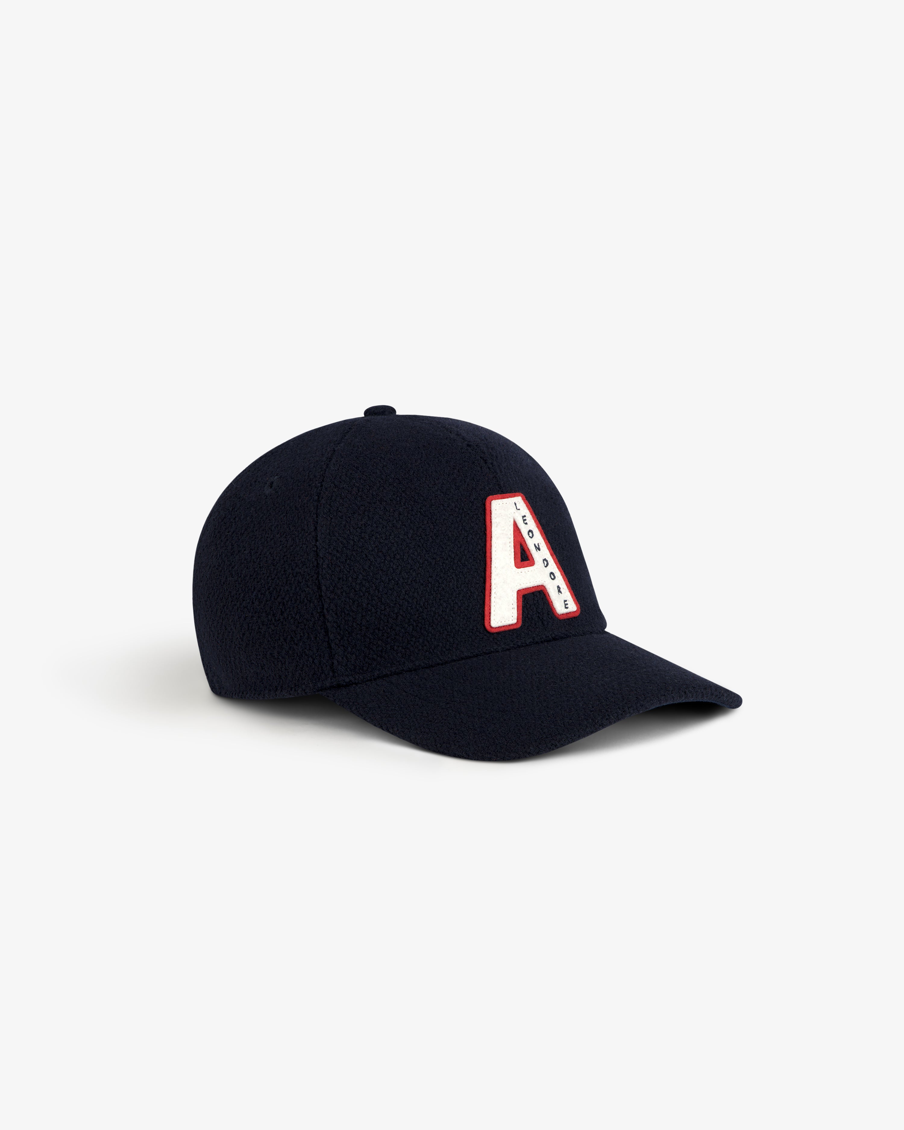Navy Wool Varsity Logo Hat with a white and red letter A patch on the front.