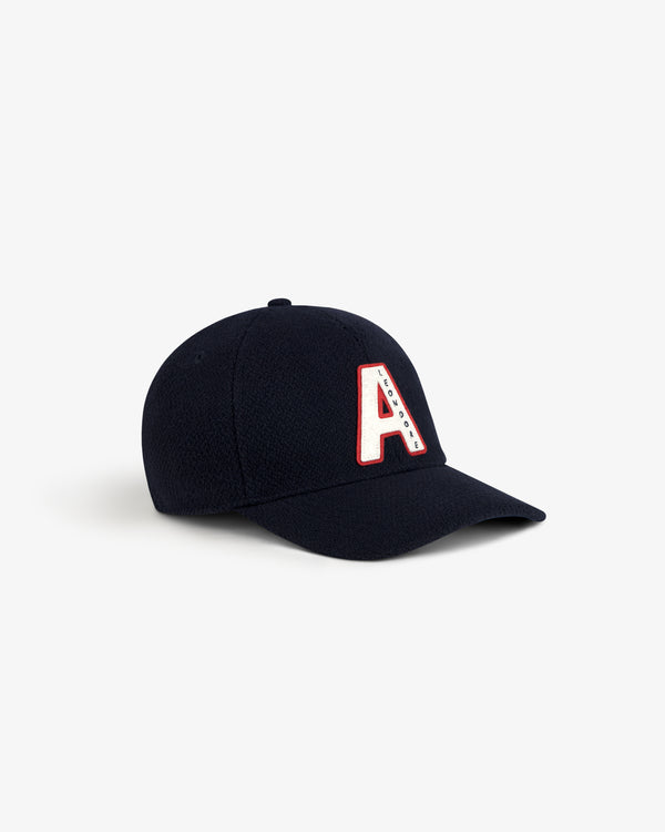 Navy Wool Varsity Logo Hat with a white and red letter A patch on the front.