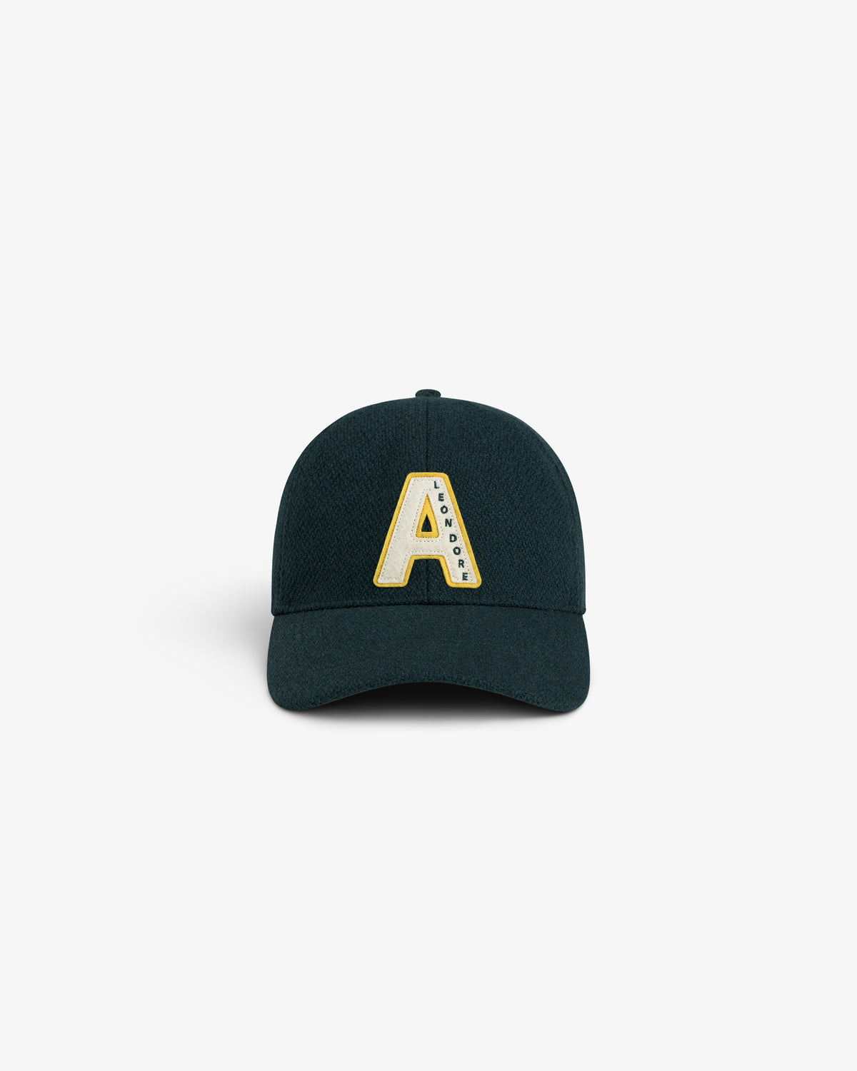 Wool Varsity Logo Hat in dark green with a large white letter A patch, yellow trim, and small text on the right side.