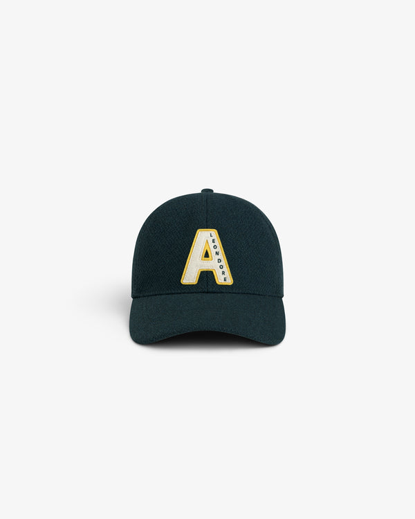 Wool Varsity Logo Hat in dark green with a large white letter A patch, yellow trim, and small text on the right side.