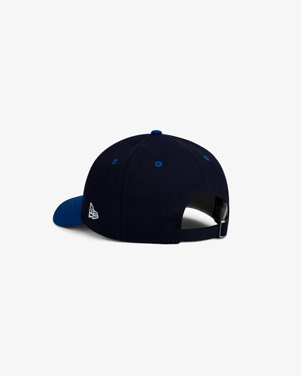ALD / New Era Dodgers Retro Fit Hat in navy blue with a royal blue brim, rear strap, and side embroidered logo.