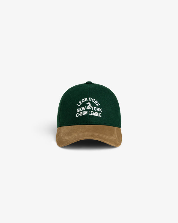 Green and brown Triborough Chess Club Wool Hat, featuring Leon Dore New York Chess League text on the front.