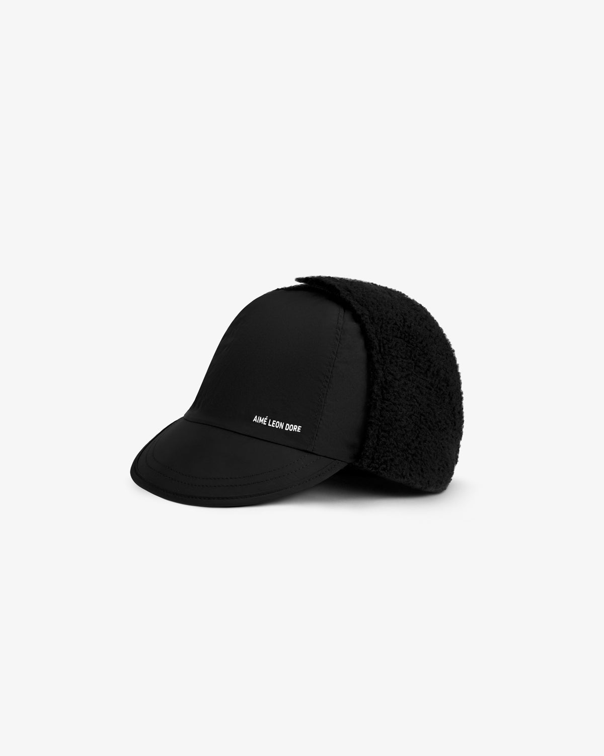Black Fleece Lined Earflap Hat with a stiff brim and fuzzy earflaps featuring the Aimé Leon Dore logo.