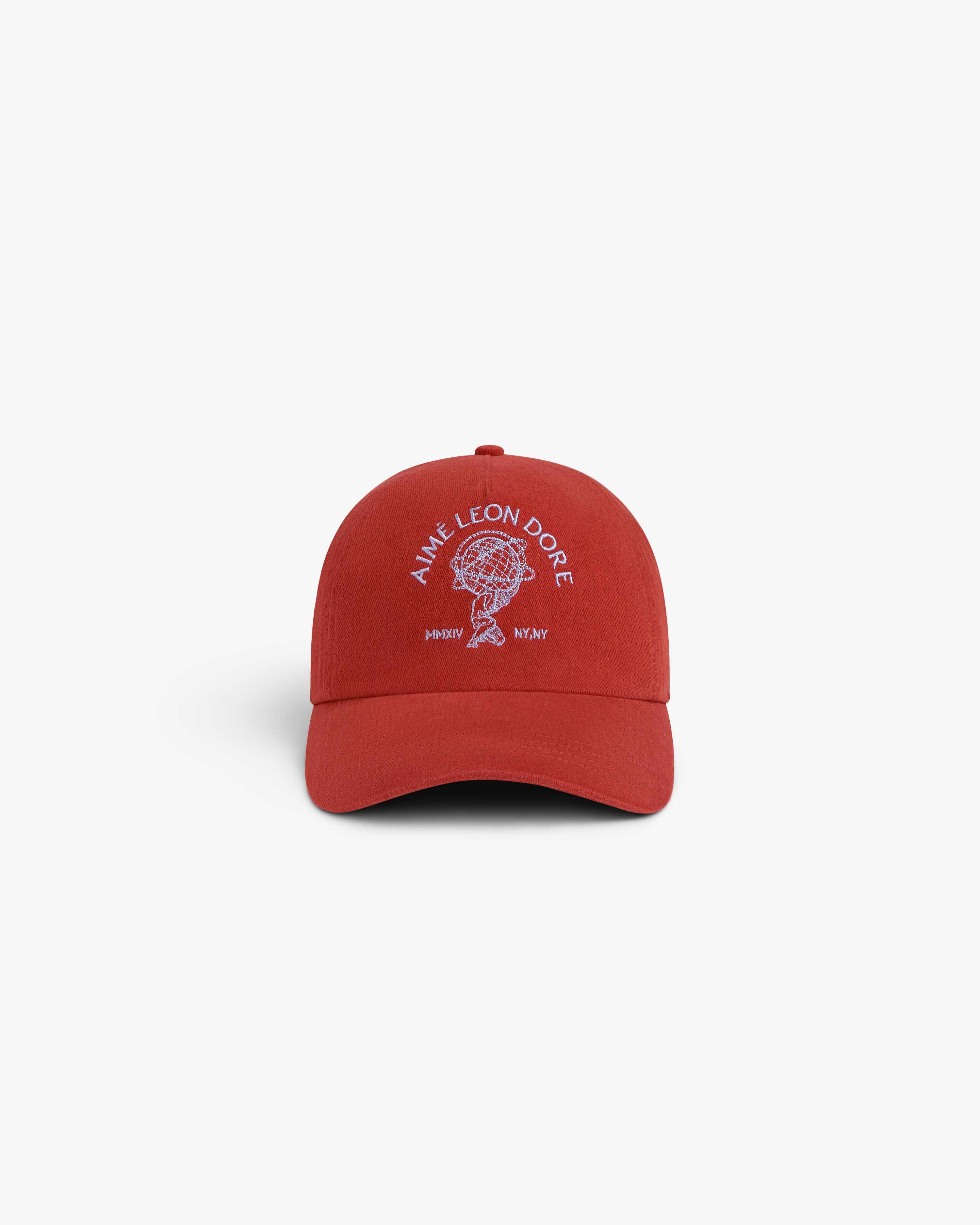 Red Atlas Logo Hat with an embroidered graphic of a globe and text.