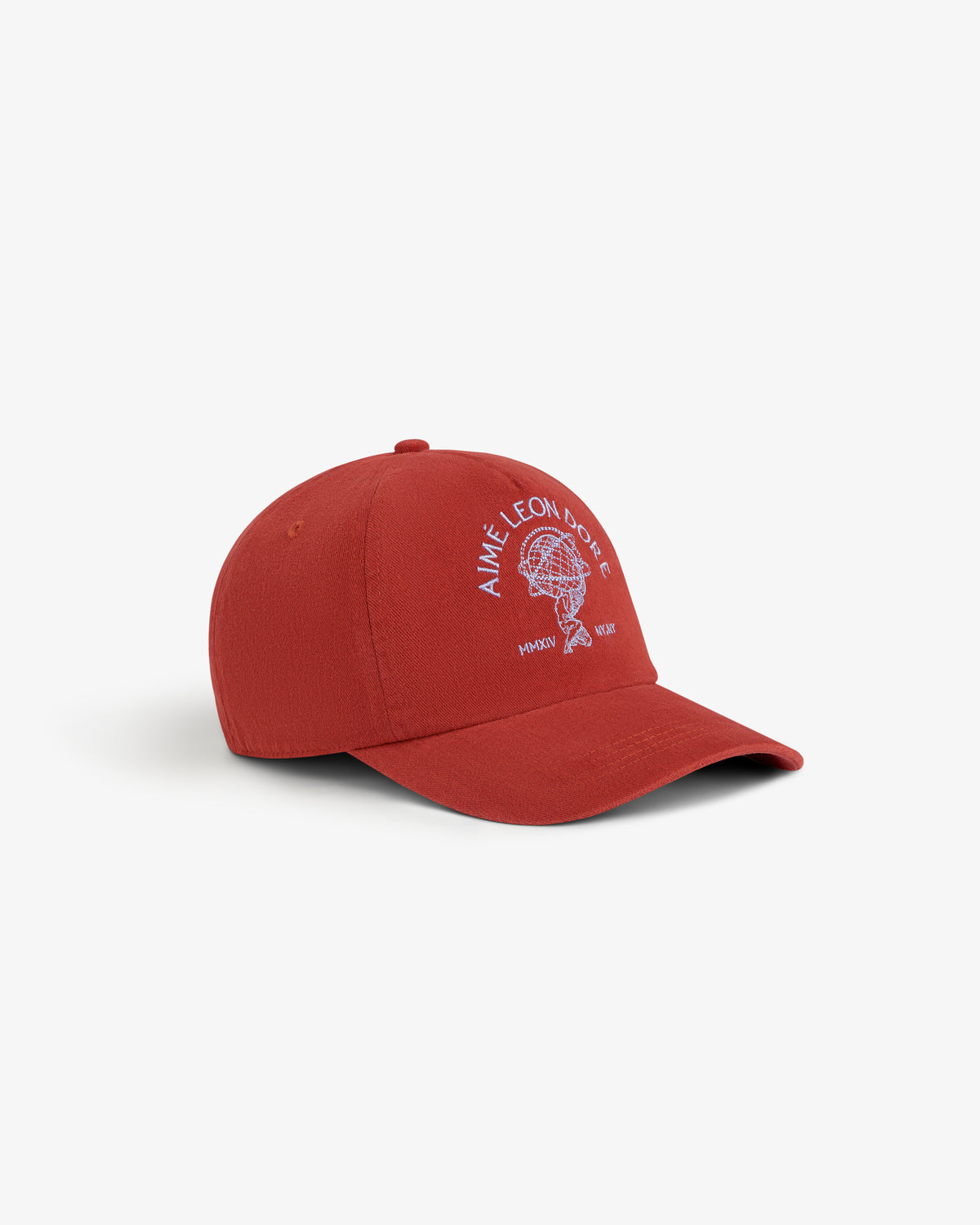 Red Atlas Logo Hat featuring a white embroidered globe logo with text.