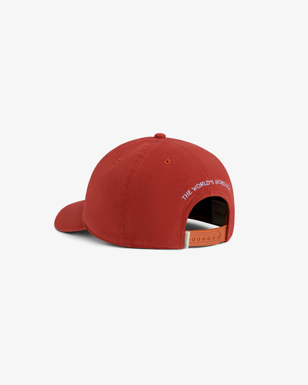 Rear view of the red Atlas Logo Hat featuring an adjustable snapback strap and white embroidered text.