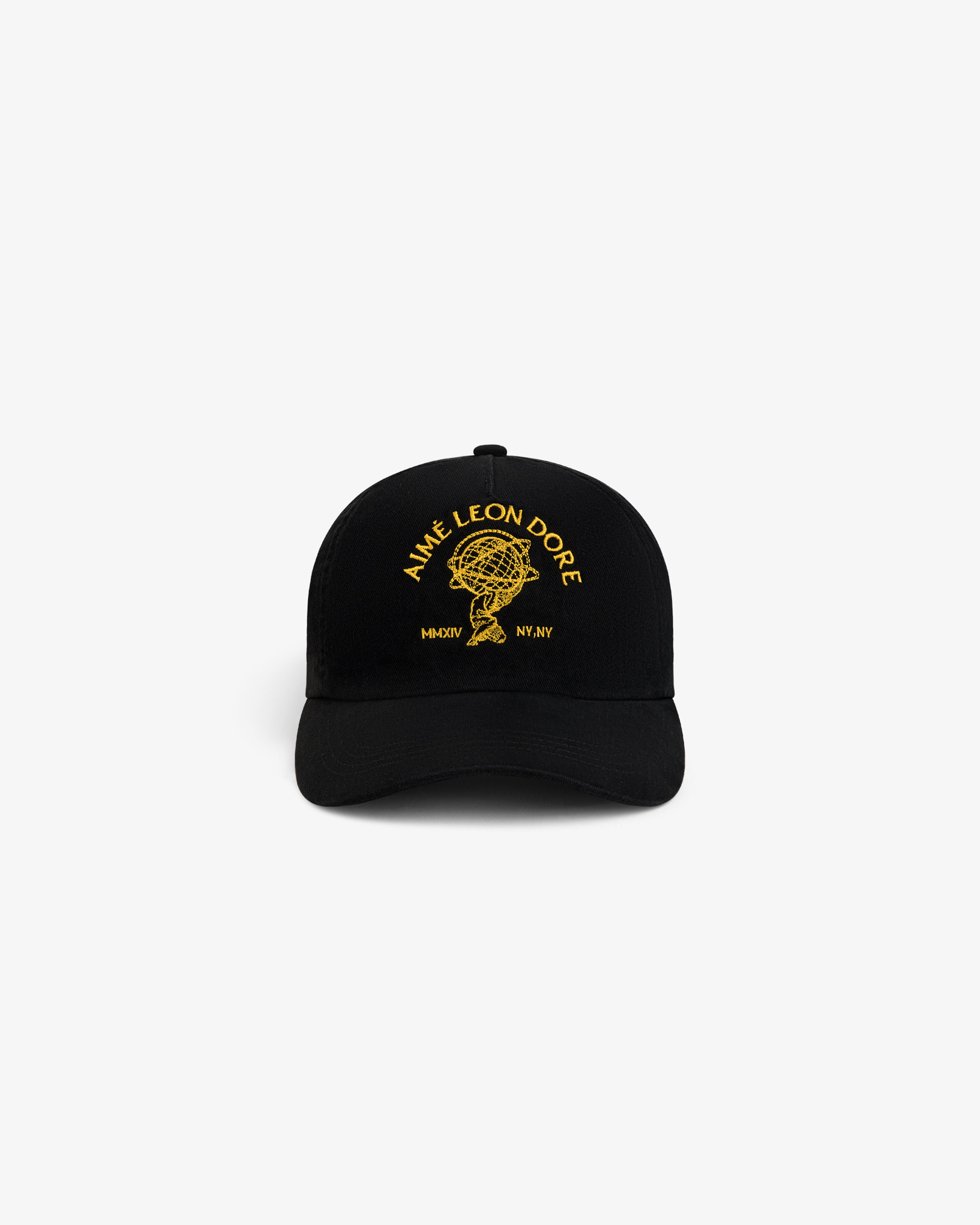 Black Atlas Logo Hat with yellow embroidery of a globe held by a figure, text AIMÉ LEON DORE, and MMXIV NY,NY.