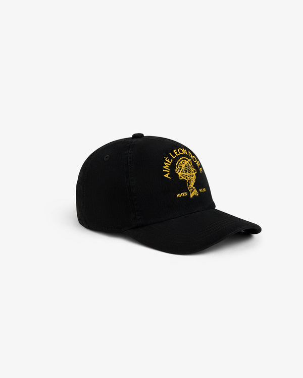 Atlas Logo Hat: a black baseball cap featuring a yellow embroidered globe logo and text.
