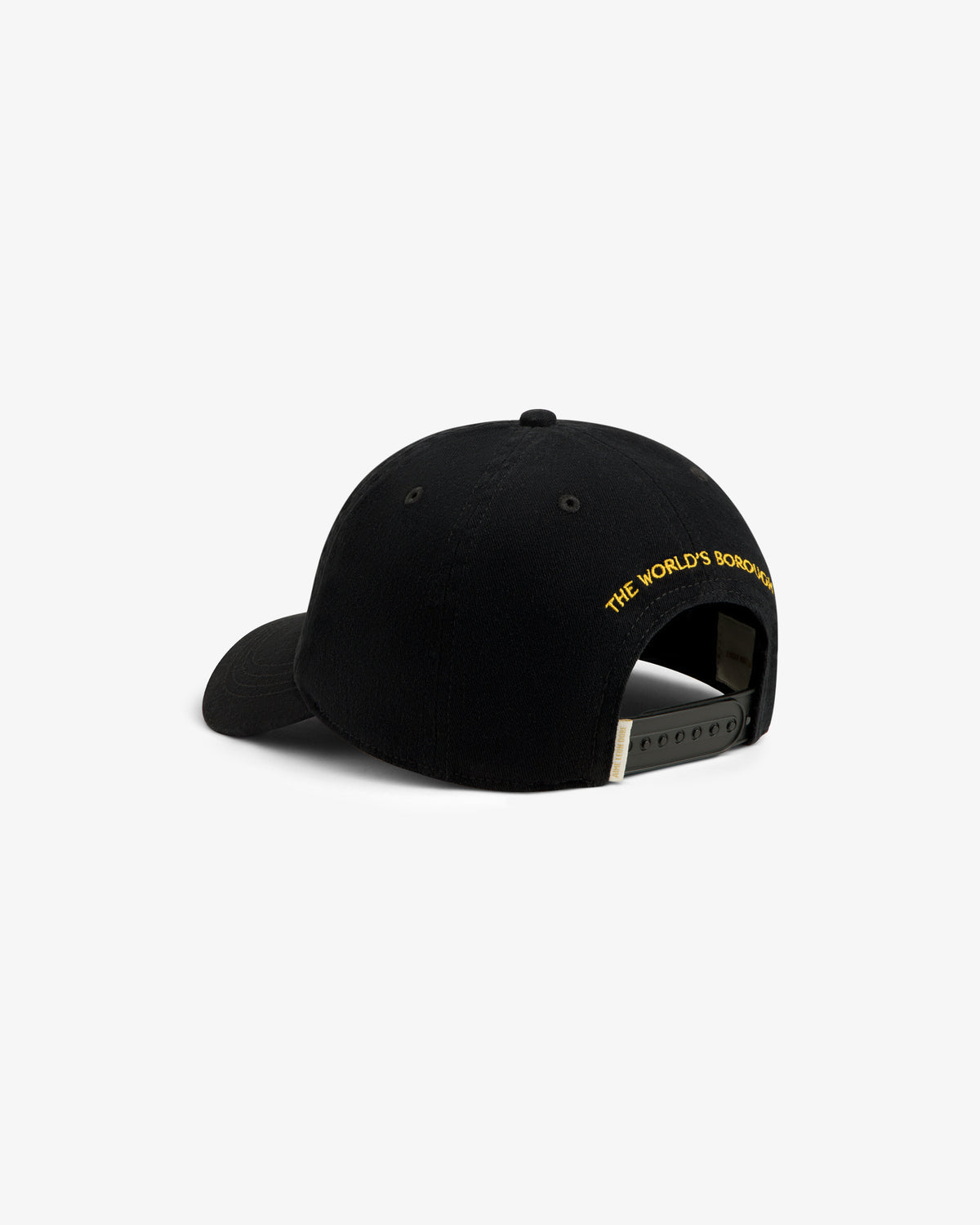 Black Atlas Logo Hat with a snapback closure and yellow embroidery on the back reading THE WORLDS BOROUGH.