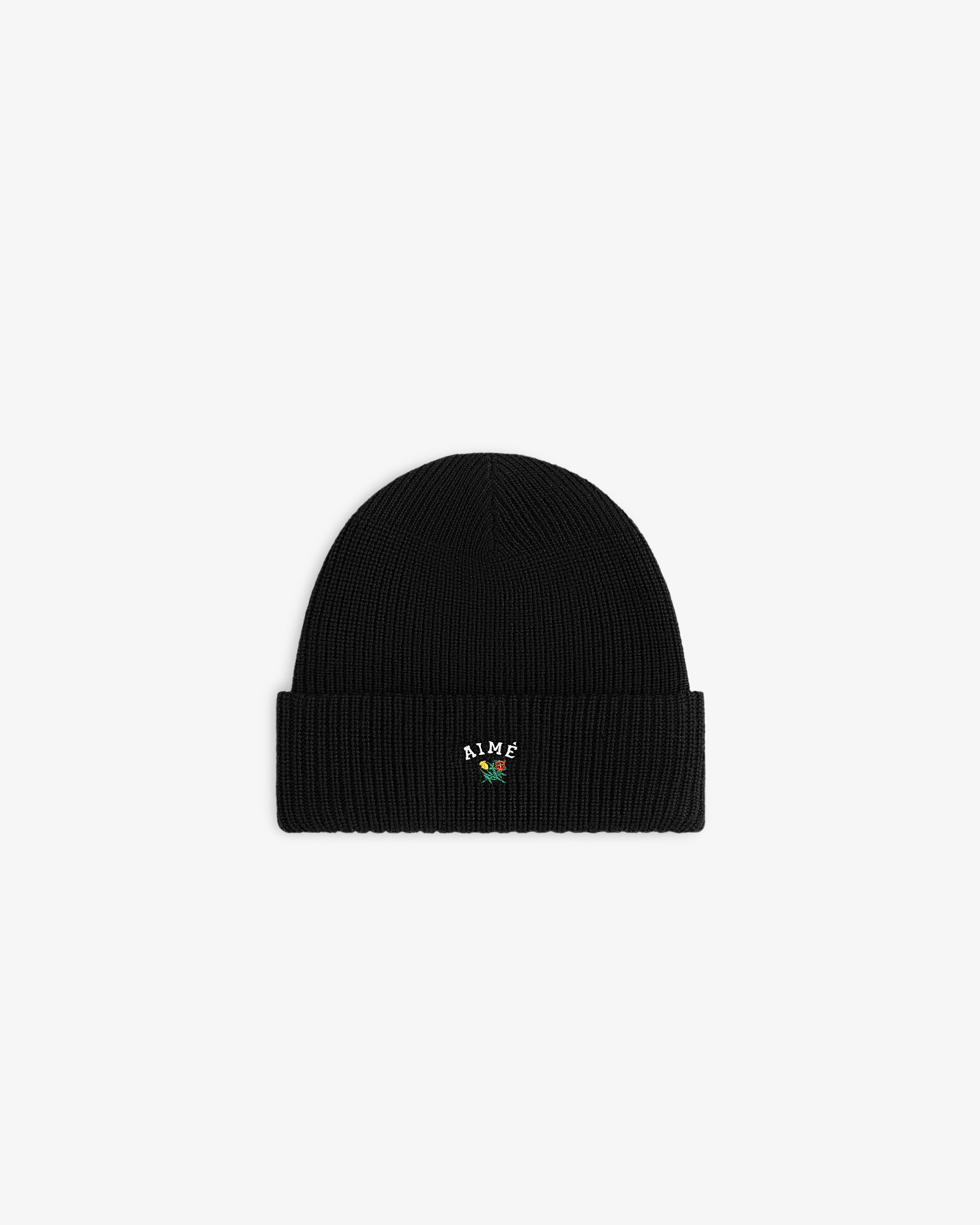 Crest Merino Wool Beanie: Black knit, folded brim, small embroidered AIME logo at front center.