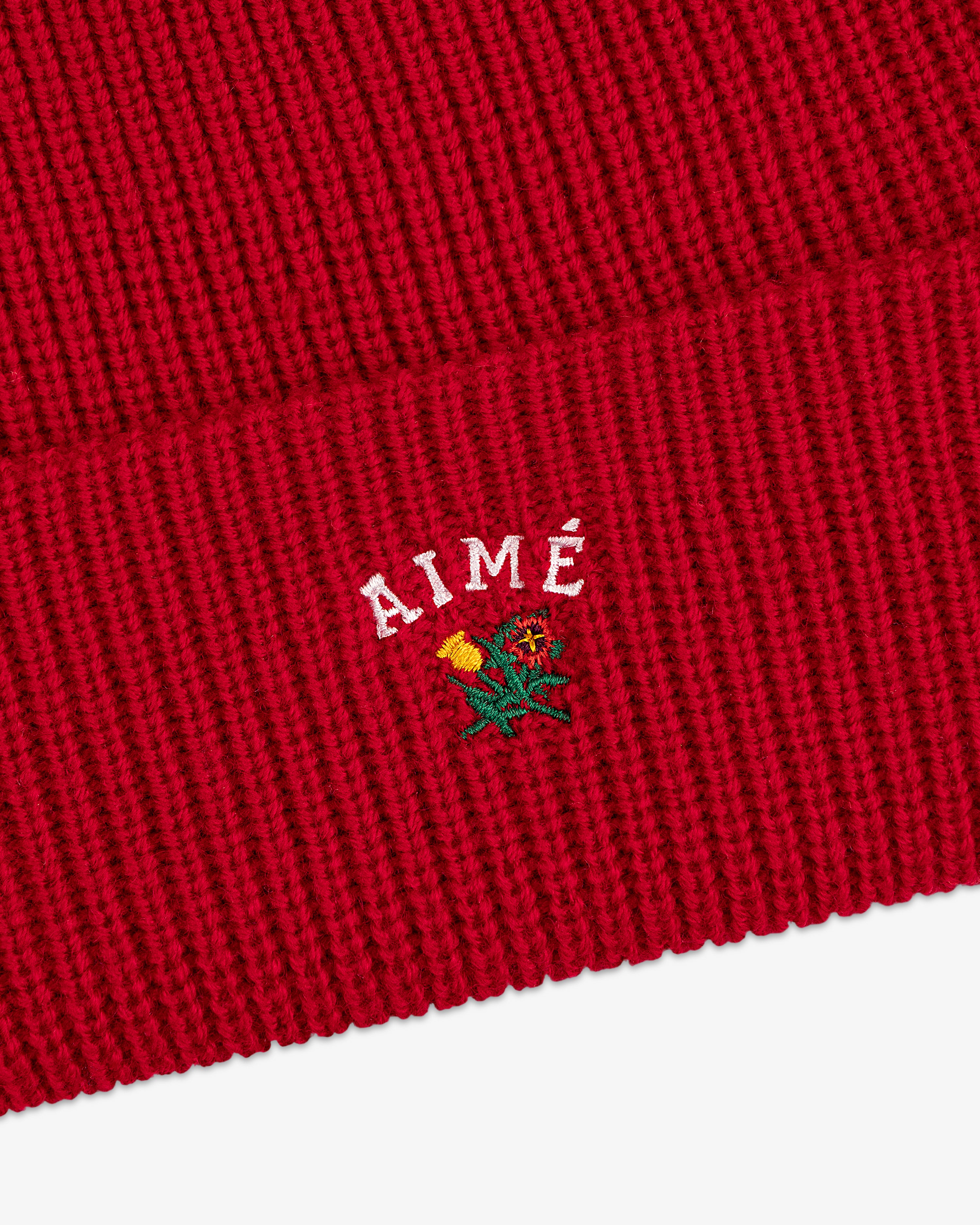 Crest Merino Wool Beanie in red with AIMÉ embroidered above a small yellow and red flower design.