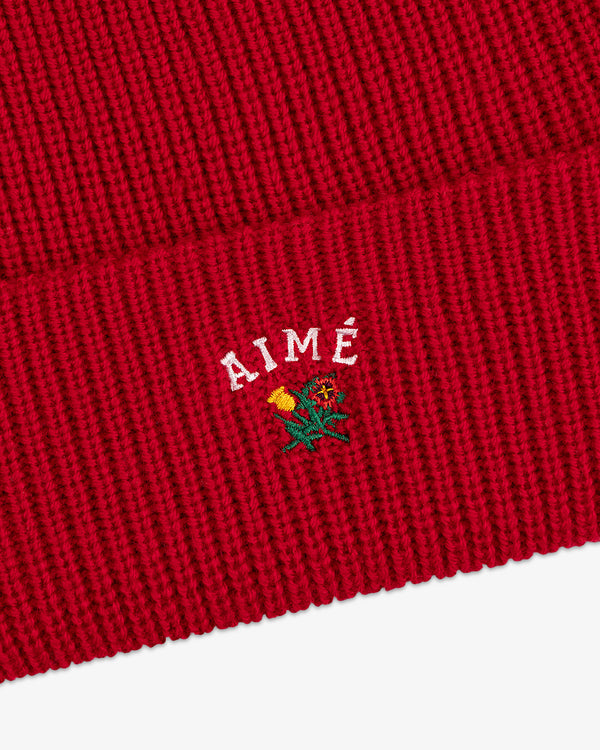 Crest Merino Wool Beanie in red with AIMÉ embroidered above a small yellow and red flower design.