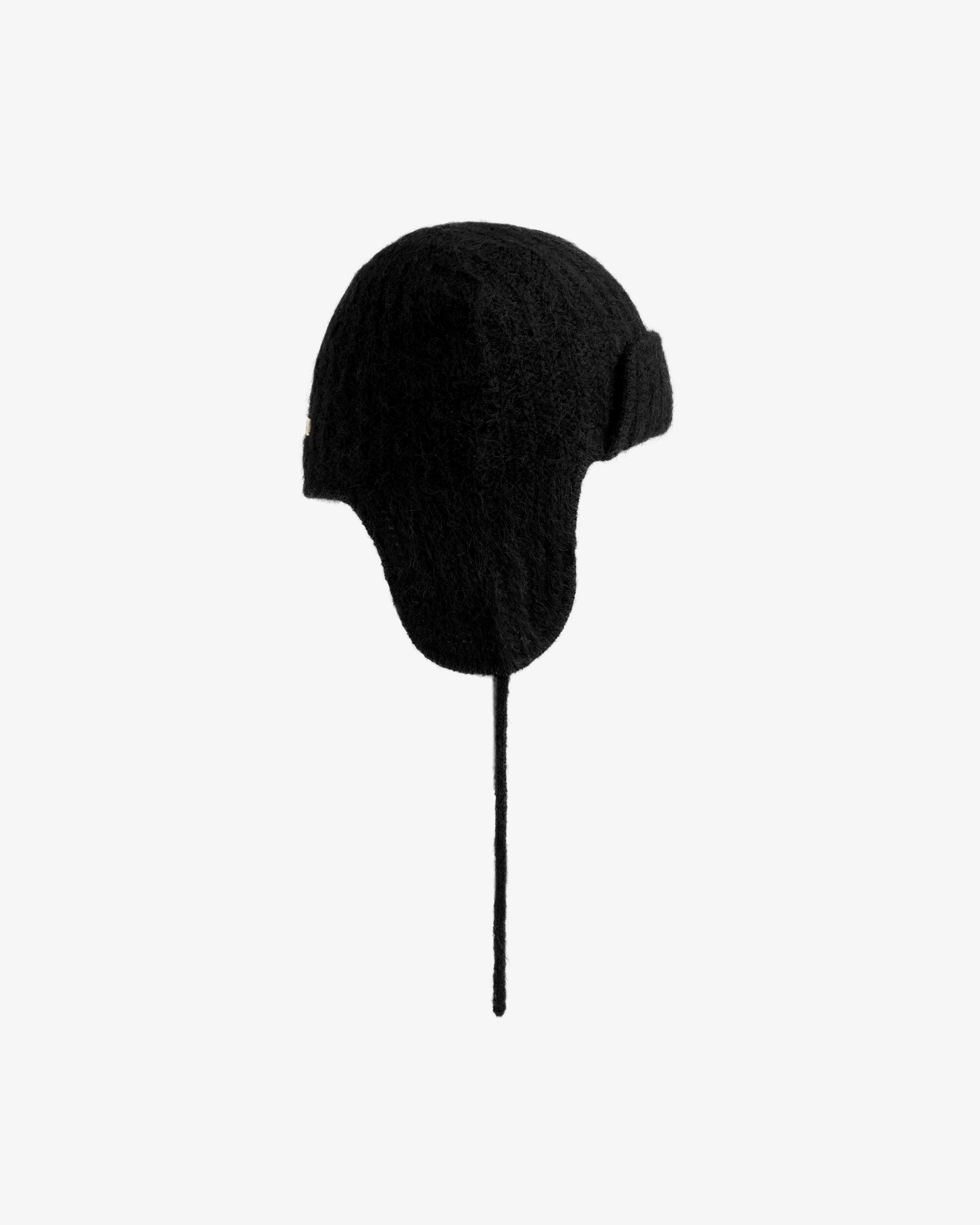 Black Alpaca Wool Knit Earflap hat with a dangling chin tie.