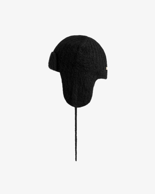Black Alpaca Wool Knit Earflap hat with a single chin strap hanging down.