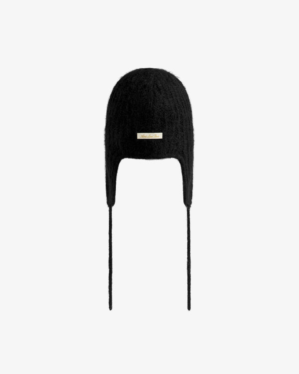 Black Alpaca Wool Knit Earflap hat with hanging ties and a small rectangular label on the front.
