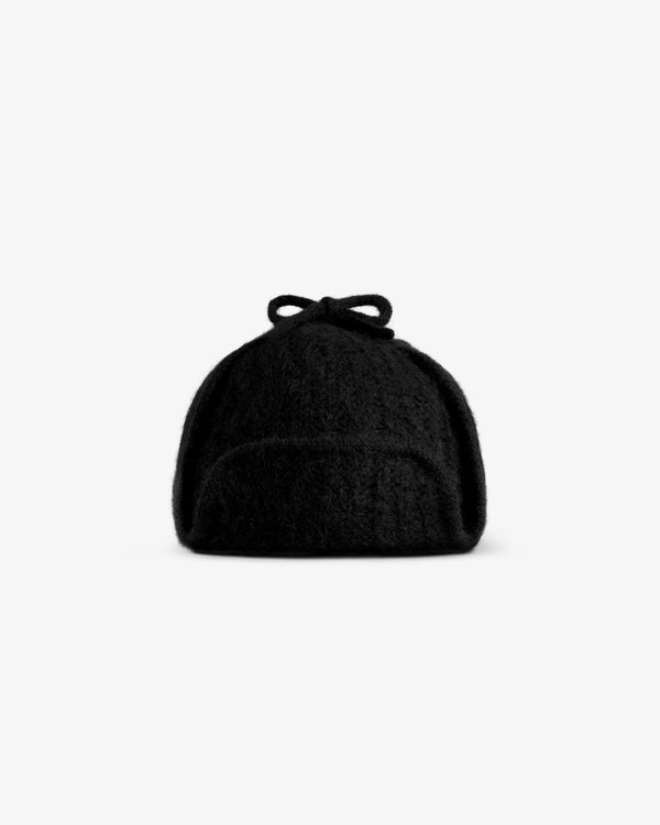 Black Alpaca Wool Knit Earflap Hat with a bow on top.