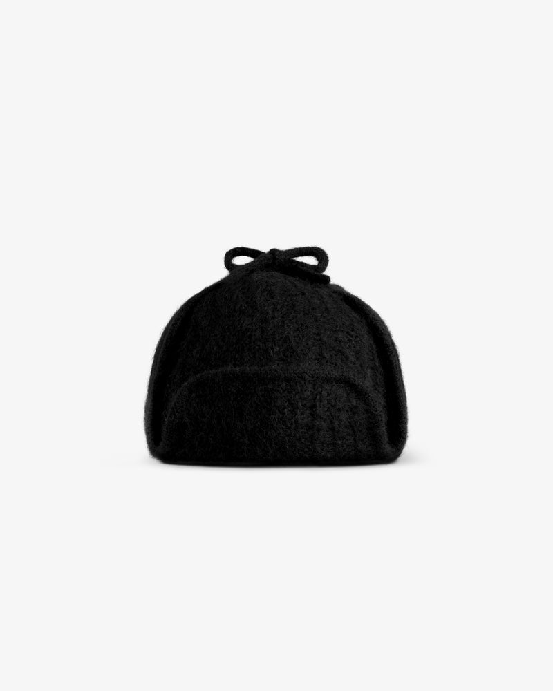Black Alpaca Wool Knit Earflap Hat with a bow on top.