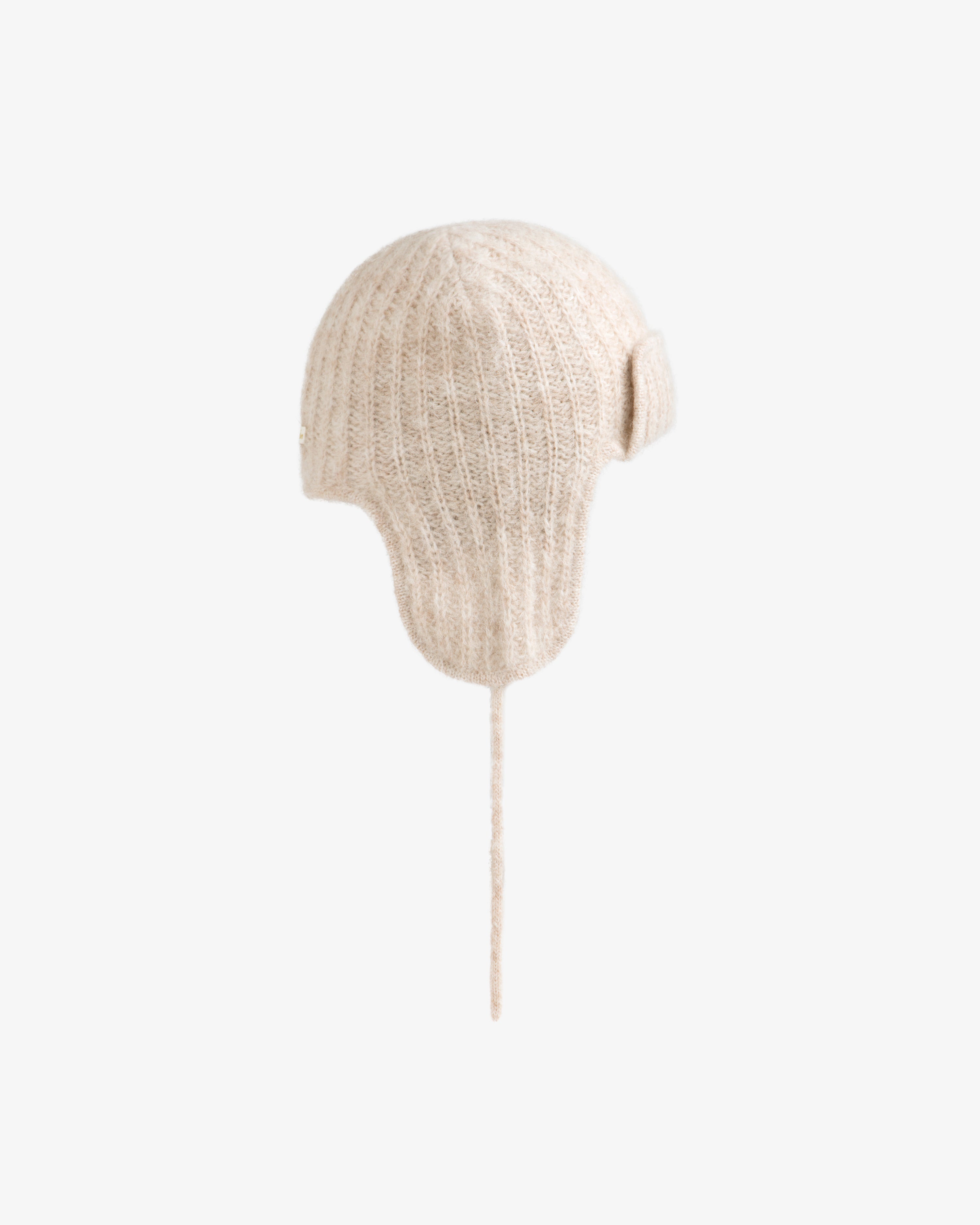 Beige Alpaca Wool Knit Earflap hat with a thin braided tie.