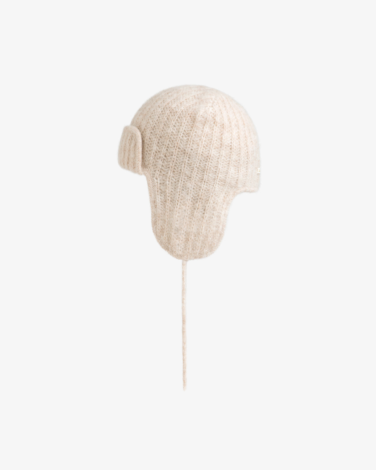 Beige Alpaca Wool Knit Earflap Hat with a single dangling string.