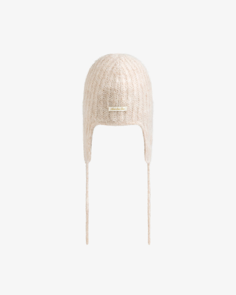 Beige Alpaca Wool Knit Earflap hat with long side ties and a small rectangular brand tag on the front.