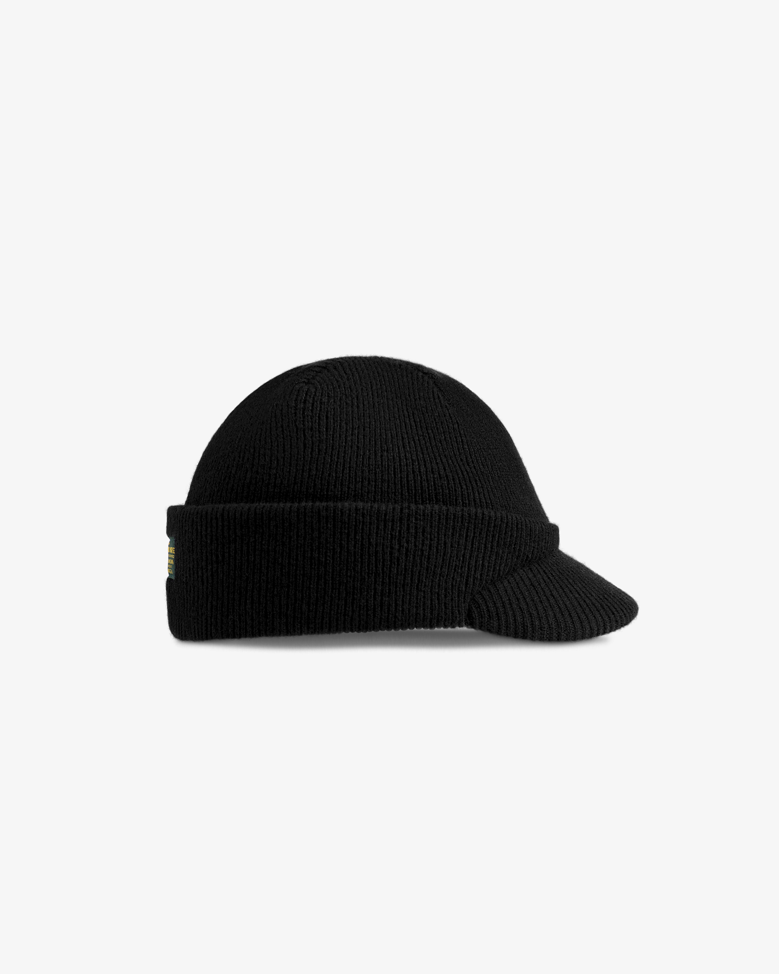 Black Wool Brim Beanie with a short brim and a small rectangular label on the side.