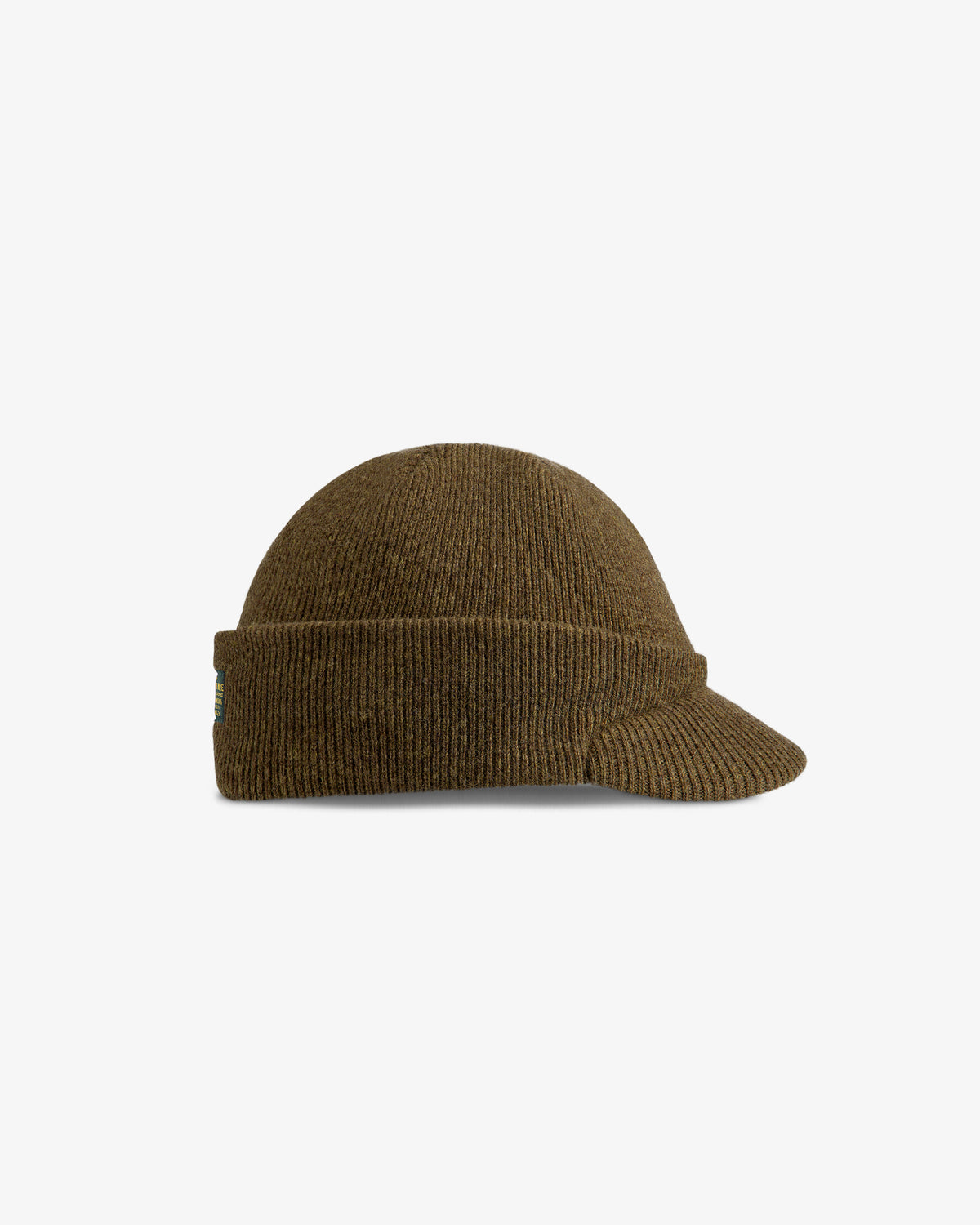 Olive green Wool Brim Beanie with a ribbed knit, a short brim, and a small label on the side.