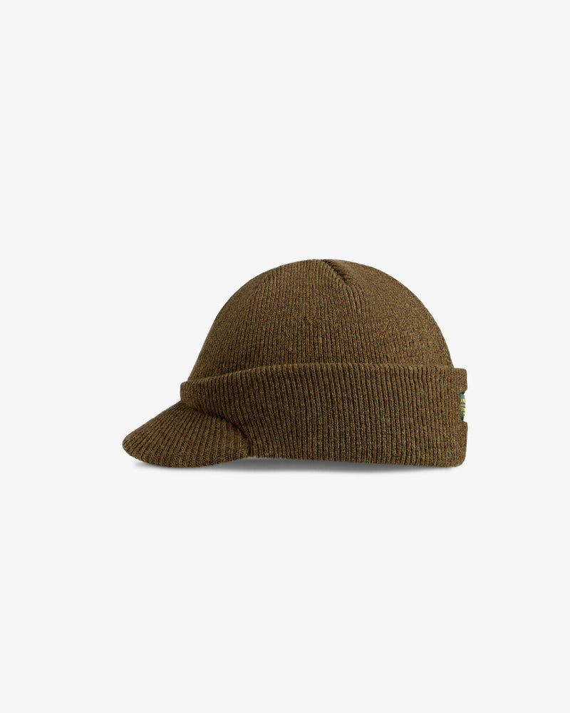 Olive green Wool Brim Beanie with a short brim.