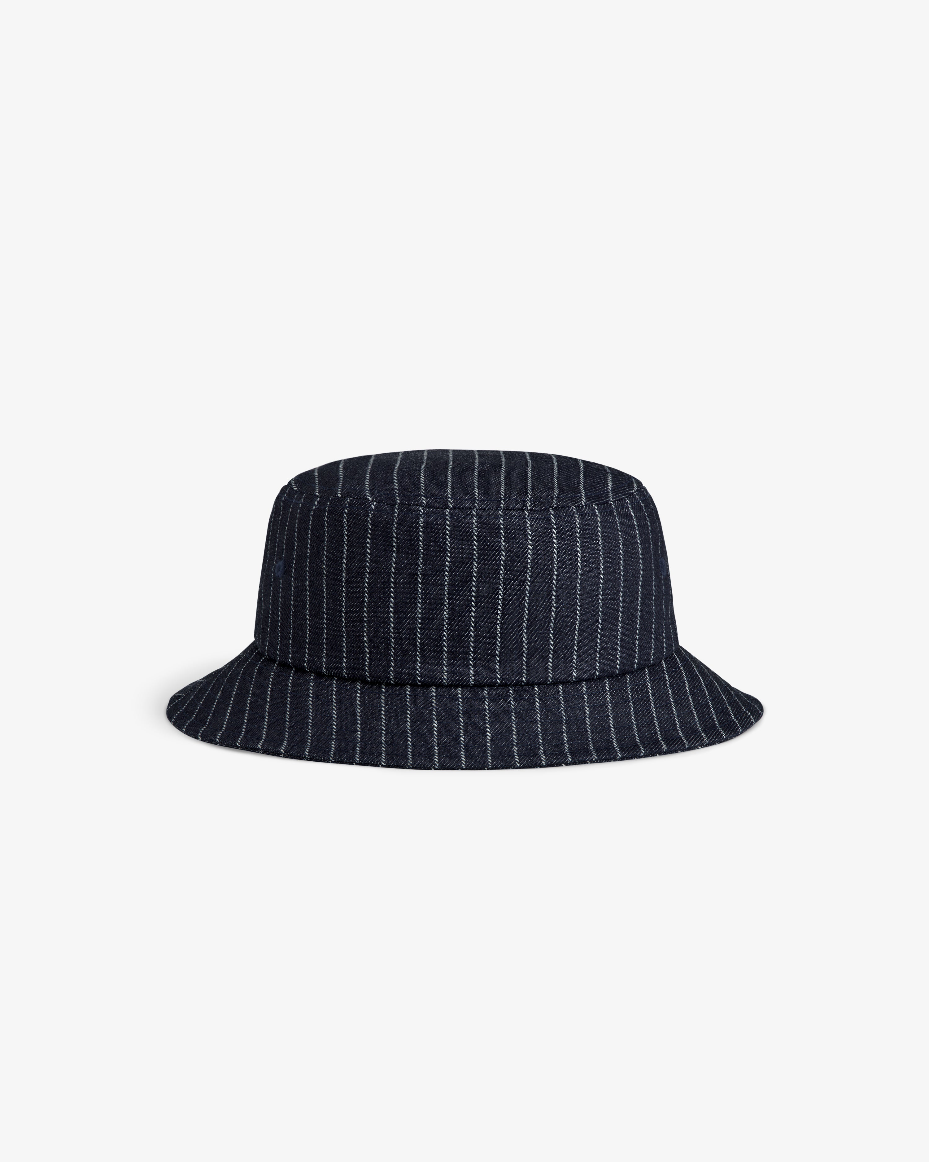 Chalk Stripe Bucket Hat in navy with white pinstripes, shown against a plain white background.