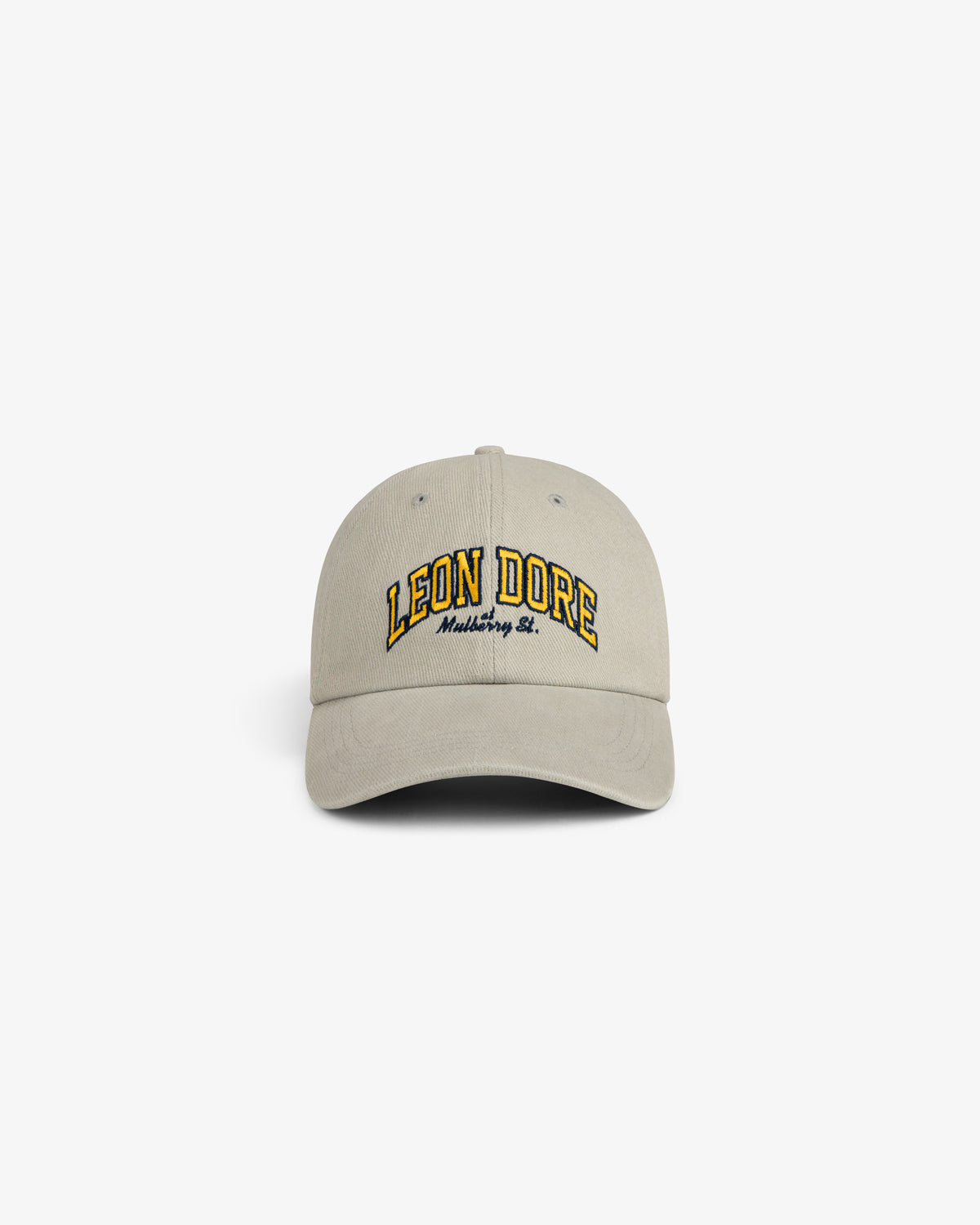 Mulberry Letterman Hat in beige with yellow and black LEON DORE and Marketing St. embroidery on the front.