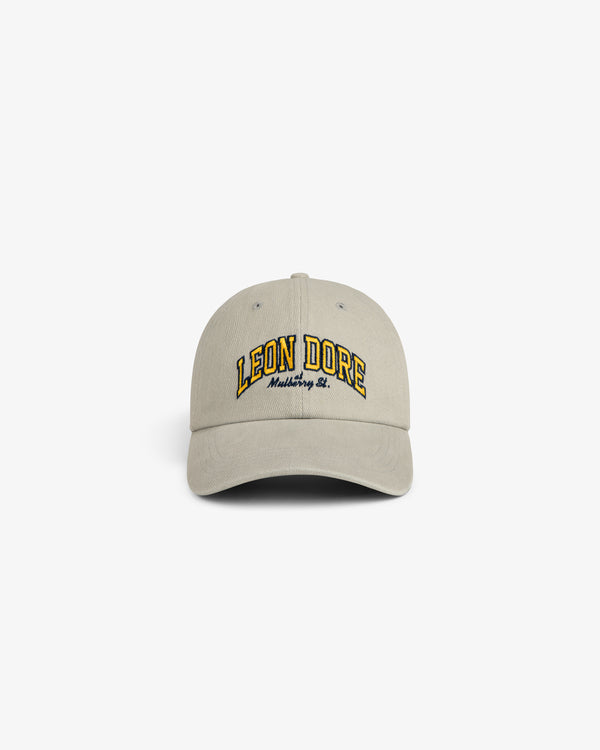 Mulberry Letterman Hat in beige with yellow and black LEON DORE and Marketing St. embroidery on the front.