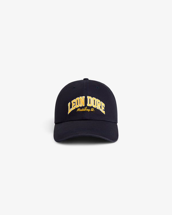 Mulberry Letterman Hat in navy with yellow Leon Dore and white Moshino St. text, shown on a white background.